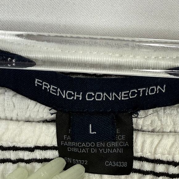 FRENCH CONNECTION Sz L Stripe Crinkle Knit Balloon Sleeve Coastal Minimalist Top - Picture 6 of 9